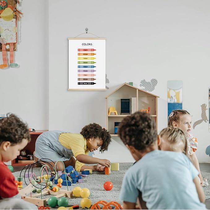 YOUHONG Educational Art Classroom Decor Color Poster - 12x15.7 Inch Kids Wall Art with Wooden Rods - Preschool Classroom Decor Learning Educational Posters for Toddlers (Easy Hang Rope Included)