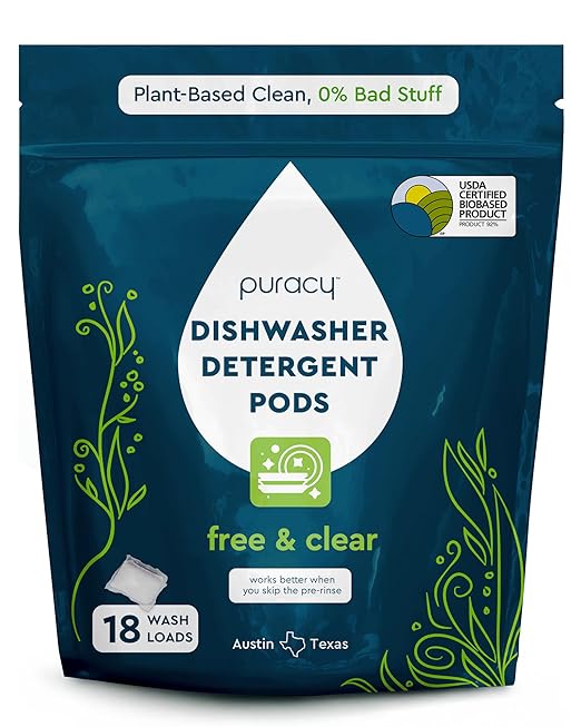Puracy Dishwasher Pods, Natural Dishwasher Detergent, Free & Clear Dish tabs - Enzyme-Powered, Spot & Residue Free - TikTok Trend Items, Must Haves from TikTok Made Me Buy It (Free & Clear, 18 Count)