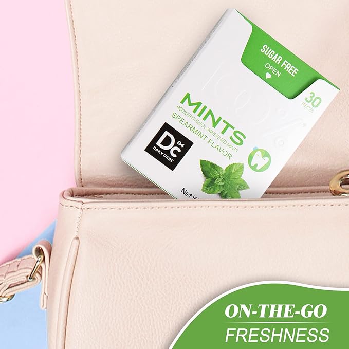 DC24 DAILY CARE 0-Calorie Breath Mints,100% Erythritol, Sugar Free, Natural Spearmint, Gluten Free, 30 Count, Pack of 4