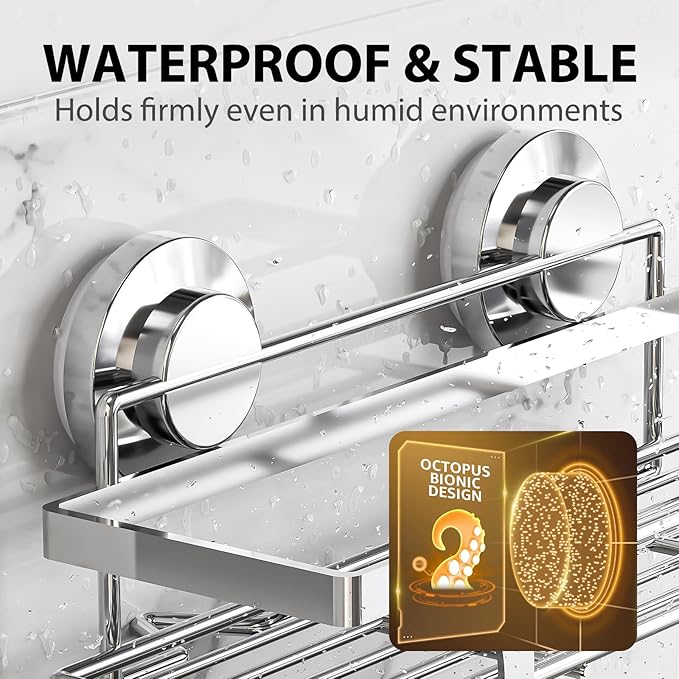 LEVERLOC Shower Caddy Suction Cup 2 Pack, Shower Shelf for Inside, Large Capacity Bathroom Organizers and Storage, Rustproof & Waterproof Metal Bath Basket, No-Drilling, Heavy Duty, Silver