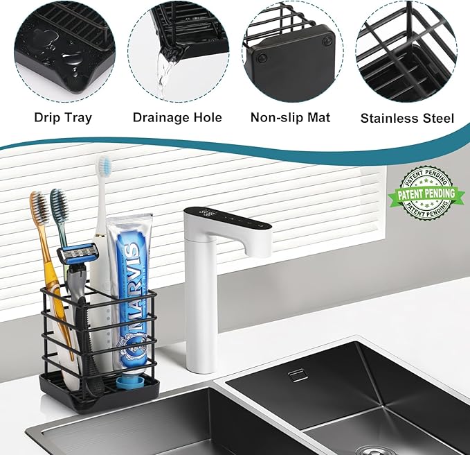 Toothbrush Holders for Bathrooms, Stainless Steel Bathroom Toothbrush Holder Kids Electric Tooth Brushing Holder Stand and Toothpaste Holder for Bathroom Accessories Organizer with Tray, Black (Small)