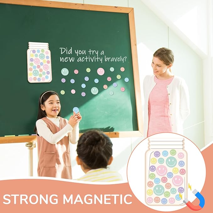 Magnetic Smile Face Reward Jar for Kids 68Pcs Pastel Smiley Faces 1 Storage Bag Reward Jars Behavior Management Classroom Tools Positive Behavior Chart for Students Teachers Back to School Supplies