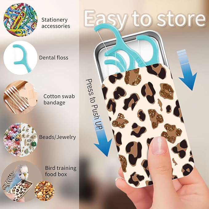 Portable Dental Floss Case, Refillable Cute Travel Floss Dispenser for Men & Women, Pocket Travel Floss Picks Case for Purse, Backpack, Bag White Brown Leopard
