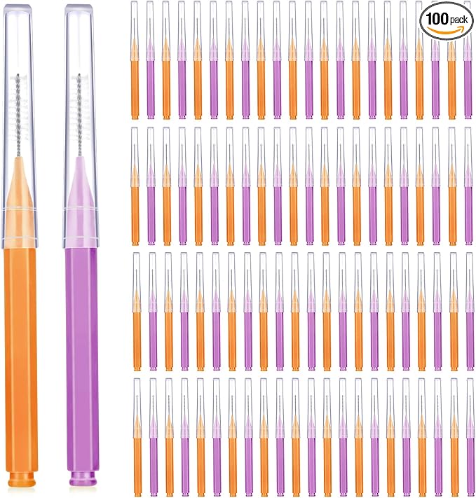 Patelai 100 Pieces Braces Brush for Cleaner Interdental Brush Toothpick Dental Tooth Flossing Head Oral Dental Hygiene Flosser Toothpick Cleaners Tooth Cleaning Tool(Purple, Orange,Cute Size)