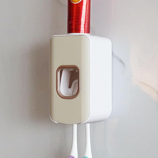 2 Slot Toothbrush Holder and Toothpaste Dispenser Wall Mounted, Automatic Toothpaste Squeezer, 2 in 1 Tooth Brush Toothpaste Organizer for Shower (Ivory Yellow)