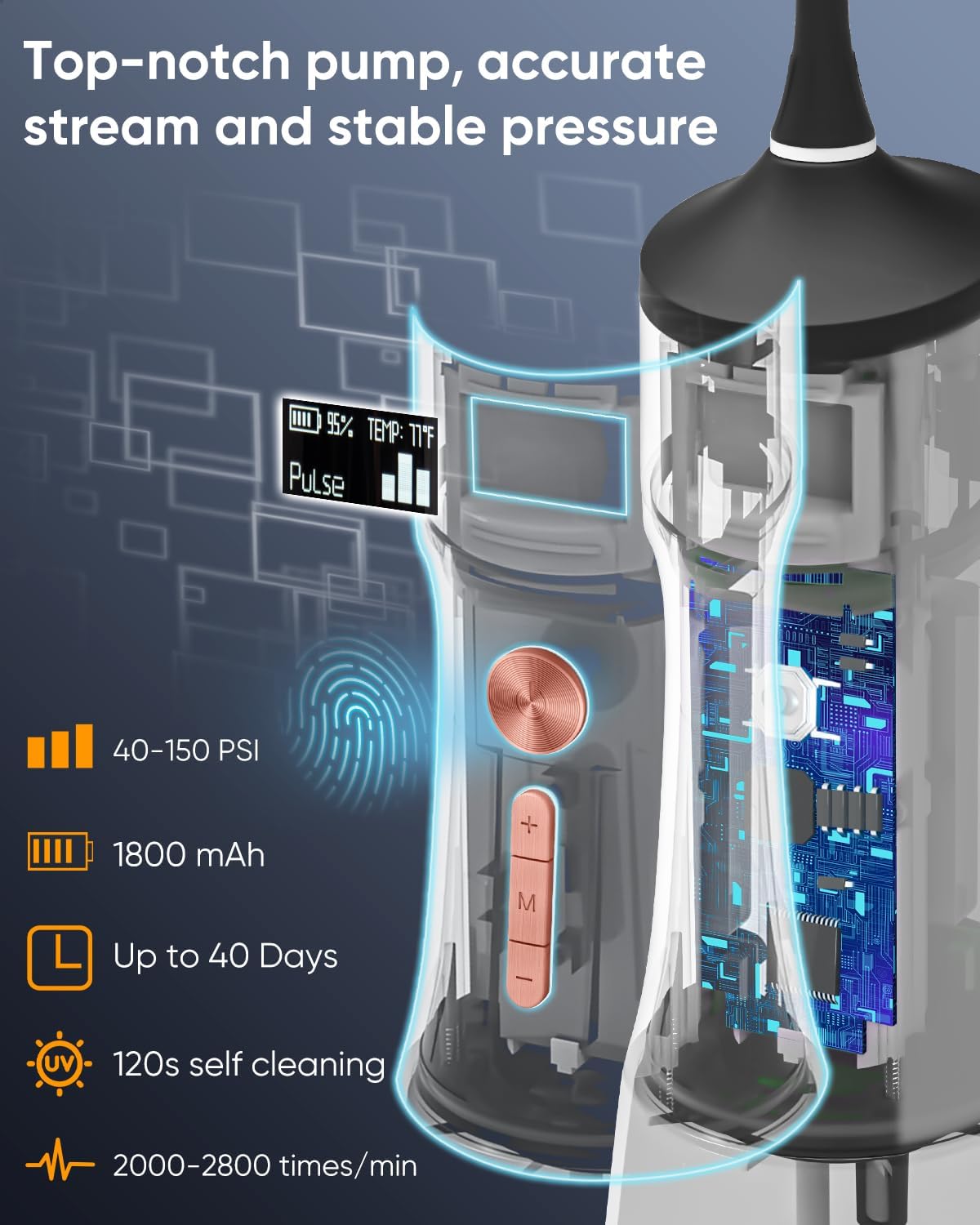 MySmile LP221 UVC Sterilizable Cordless Water Flossers for Teeth 335ML Portable OLED Display Dental Flosser with 4 Modes 8 Jet Tips and a Storage Pouch for Home and Travel (Midnight Black)