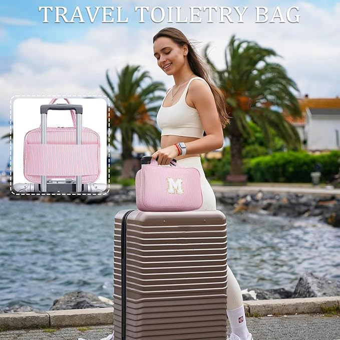 YOOLIFE Travel Toiletry Bag for Women - Hanging Toiletry Bag Makeup Bag, Portable Toiletries Cosmetic Bag, Airplane Travel Essentials - Letter V, Pink