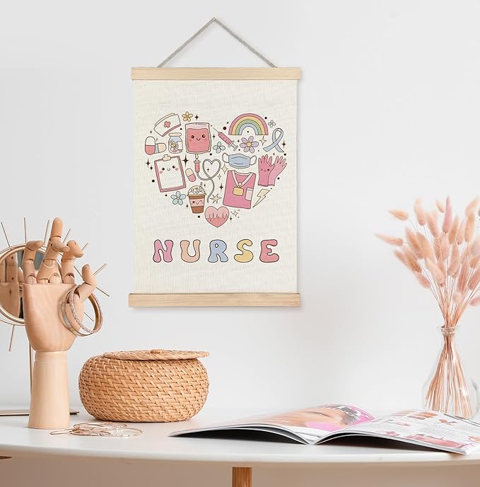 Yomisex Cute Nurse Wall Art Poster, Nursing Gifts for Women Student Nurses, Trendy Retro Pink Medical Nurse Stuff Wall Art Framed for Nurses Office Home Decor, 12x16 Inch