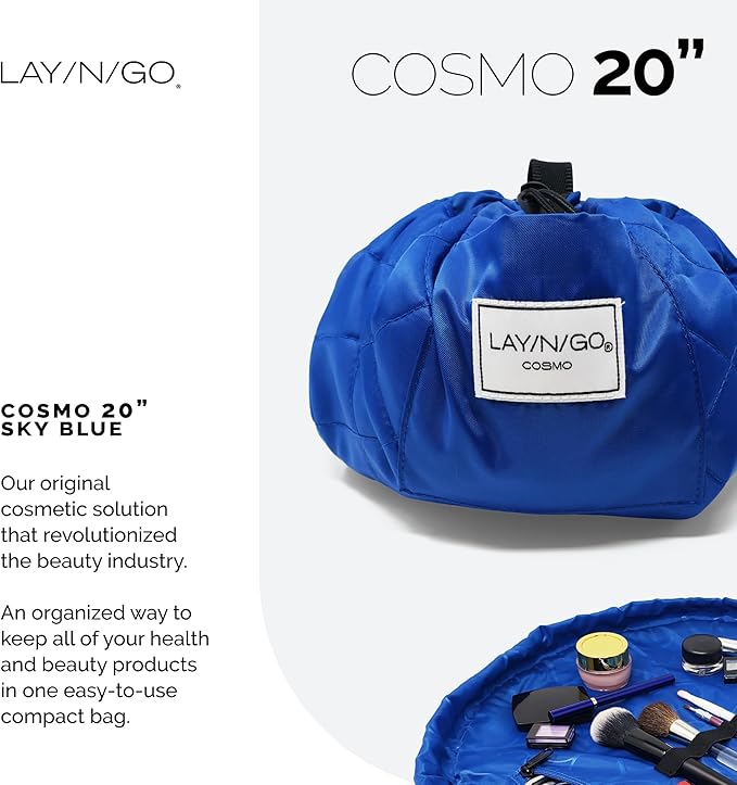Lay-n-Go Cosmo Lay Flat Drawstring Cosmetic & Makeup Bag Organizer - Zipper Pocket, Brush Loops & Storage - Machine Washable, Toiletry Carrier for Travel, Cinch Closure, Gift (20", Sky Blue)
