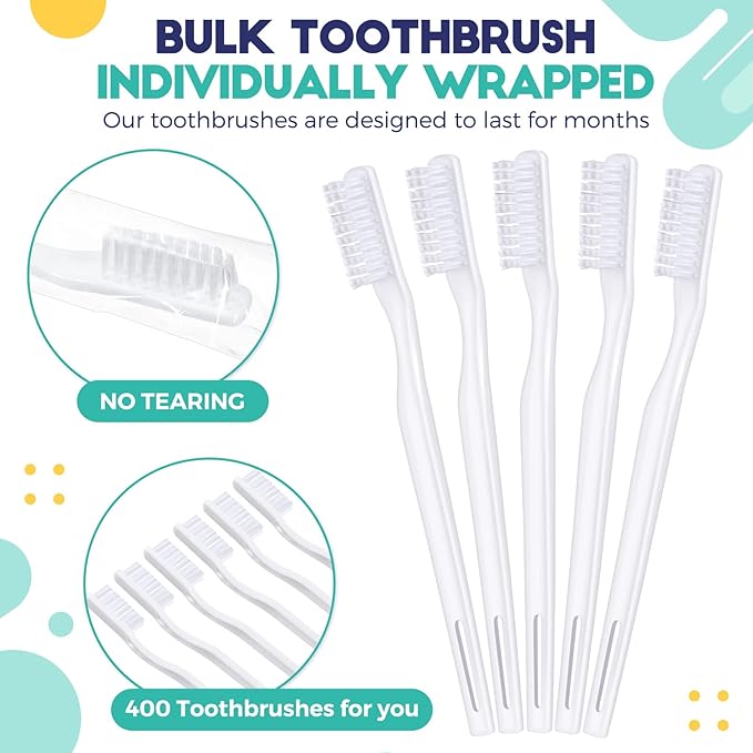 400 Pack Individually Wrapped Disposable Toothbrush Bulk Hard Bristle Adult Manual Tooth Brush Travel Toothbrushes Single Use Toothbrush for Homeless Women Men Hotels Guest Rooms, White