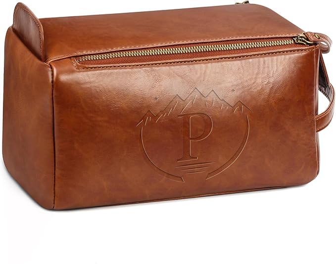 Personalized Toiletry Bag for Men,Initial Mens Toiletry Bags for Traveling,Men Travel Toiletries Bag,PU Leather Shaving Bag for Toiletries Accessories kit,Brown P