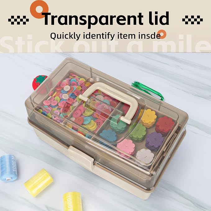 12.5in 3-Layer Multipurpose Craft Organizers and Storage with Adjustable Dividers, Portable Tackle Box, Folding Art & Craft Case for Medicine, Tool, Sewing Organizer (Brown)