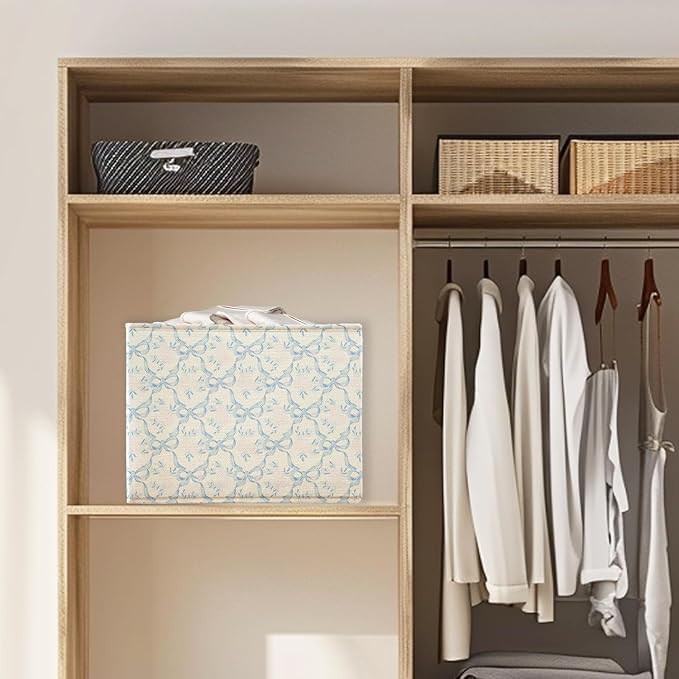 Coquette Blue Bow Floral Storage Basket Bins With Handles for Girls Kids, Bow Floral Pattern Foldable Laundry Basket for Girls Room Nursery Bedroom Bathroom Clothes Toys Books