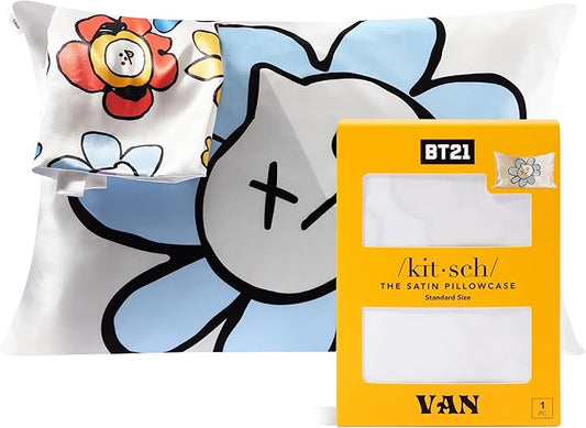 Kitsch x BT21 (Van) Satin Pillowcase with Zipper for Hair & Skin - Softer Than Silk Pillow Cases, Smooth Cooling Pillow Cover, Wrinkle-Free, Machine Washable, Queen/Standard (19x26)