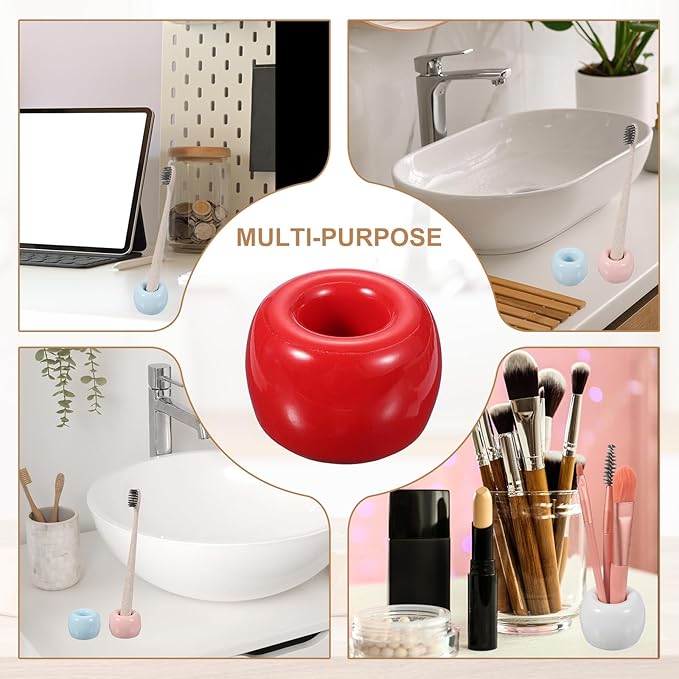 uxcell 2 Pcs Mini Ceramics Toothbrush Holder Stands, Sleek Mini Countertop Toothbrush Round Shape Ceramic Holder Stand for Bathroom Vanity Countertops, Red