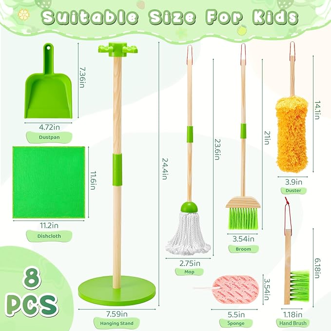 WHOHOLL Wooden Kids Cleaning Set Toddler Broom Set for Housekeeping 8 Pcs Broom and Mop Set for Toddlers 3-5, Baby Cleaning Toys with Dustpan Sponge, Christmas Birthday Gifts for Boys Girls (Green)