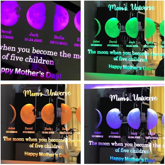 Mommy's Universe Light Up Mirror Personalized Led Name Mirror Color Changing Light Up Wall Mounted Name Neon Signs Moms Sky Moons Phase for Bedroom Decor