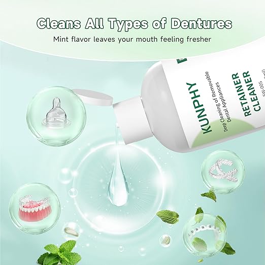 KUNPHY Ultrasonic Retainer Cleaner Solution Concentrate-Professional Cleaning of Retainers, Denture, Invisible Aligners, Mouth Guards, Night Guards, Remove Odors, Discoloration & Stains 8 oz(Mint)