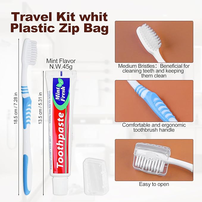 Disposable Toothbrushes with 45 Grams Toothpaste Individually Wrapped, Travel Kit Whit Plastic Zip Bag,Toothbrush Head Cover, Bulk Toothbrush for Homeless,Travel,Shelter,Air Bnb,Hotel,Guest (100)