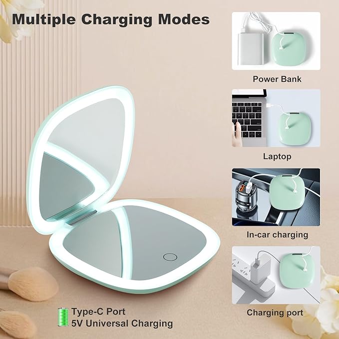 Mocado Compact LED Travel Makeup Mirror - 4 Inches 1X/10X Magnification Travel Mirror with Light Dimmable Double Sides Lighted USB Rechargeable Compact Mirror for Purse,Pocket,Travel(Powdery Green)