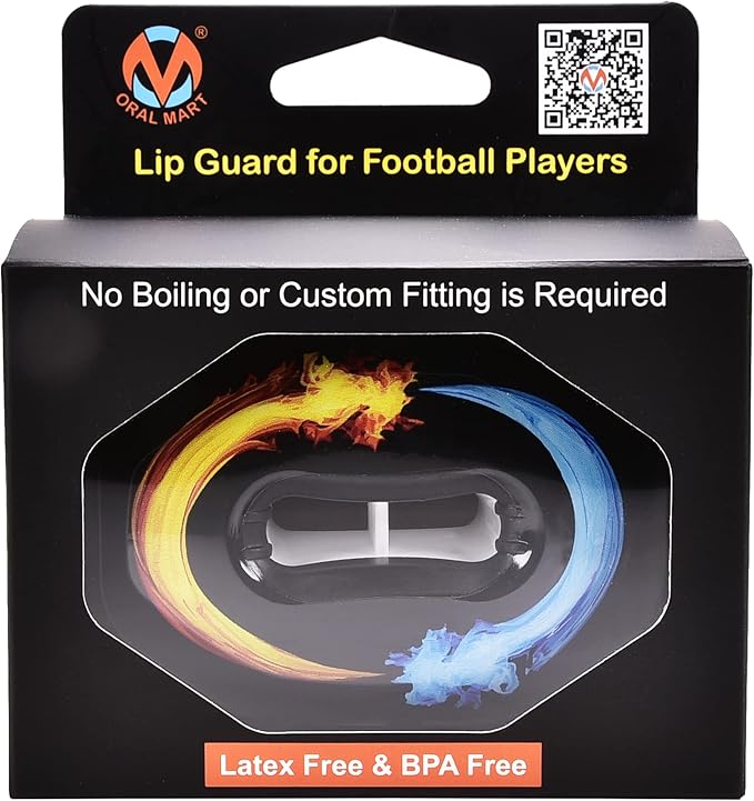 Oral Mart Flag Football Mouth Guard with 3D LipFit Design for Kids - Youth Tackle Football Mouthguard (No Boil) Cool Instant Fit Lip Guard Mouthpiece for Braces (Detachable Helmet Strap Included)