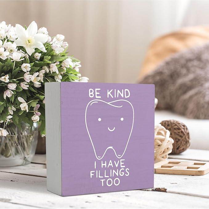Dental Decor Wooden Signs,Purple Dental Hygienist Wooden Box Sign,Funny Dentist For Home Office Shelf Table Decor 5x5 Inches,Dental School Gift, Dentist Gifts