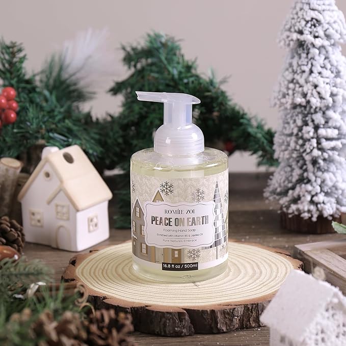 ROMIIE ZOI Christmas Foaming Hand Soap with Gift Box- Peace of Earth Design, Cozy Cypress Scented - Holiday Bathroom Soap for Winter Home Decor, Stocking Stuffer, and Gift – 500ml / 16.8oz