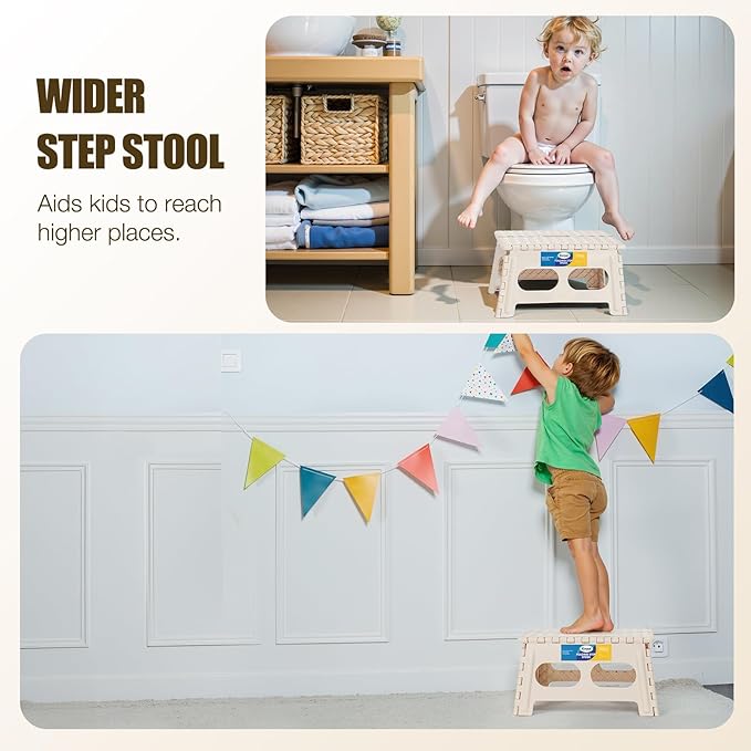 Korpai 9" Folding Step Stool for Adults and Kids 15-Inch Extra Wide Stool Holds Up to 300 lbs,Non-Slip Folding Stools with Handle,Compact Plastic Foldable Step Stool for Bathroom,Kitchen,ect Khaki