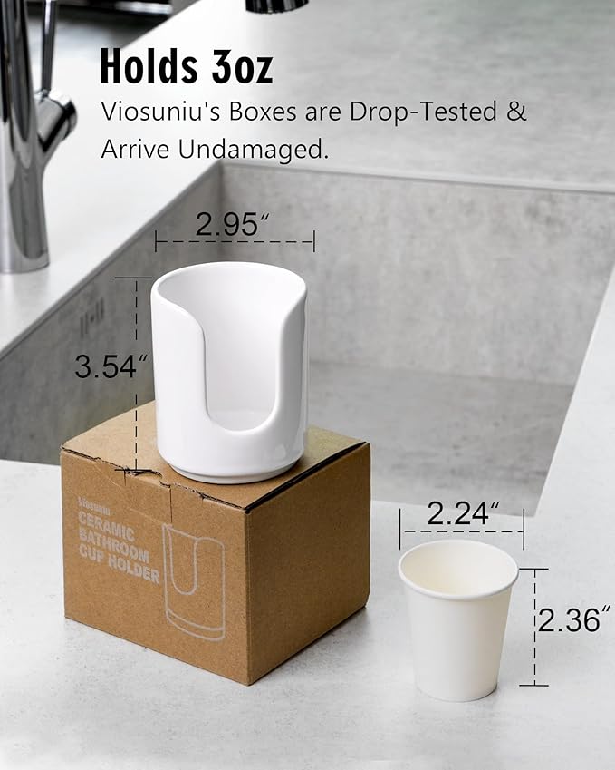 3 oz Original Ceramic Bathroom Cup Dispenser with 5 PLA Paper Cups, Bathroom Essential Accessories for Mouthwash Holder on Bathroom Vanity Countertops (2 Pack, White)