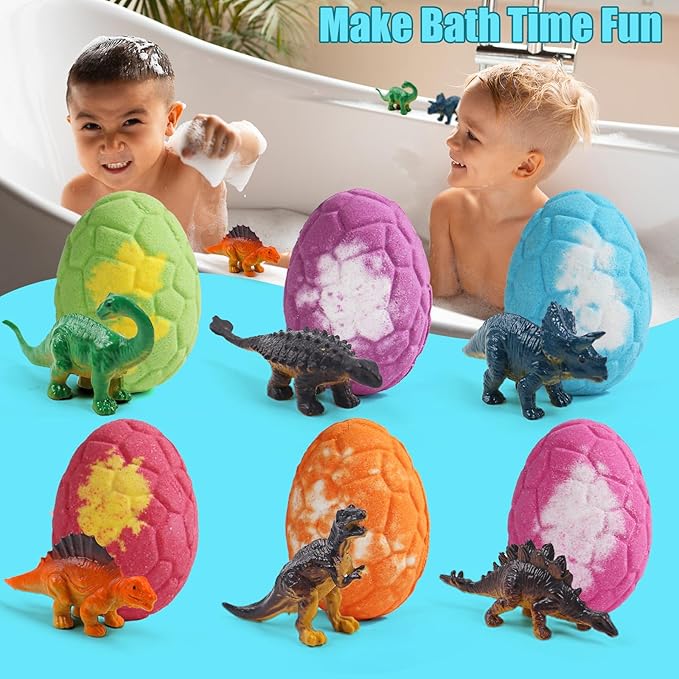 Bath Bombs for Kids with Surprise Inside, 6 Pack Dinosaur Toys Toddler Bath Bombs Gift, Organic Bubble Bath Fizzies, Dinosaur Egg, Stocking Stuffers for Kids, Christmas Gifts for Kid 3-12