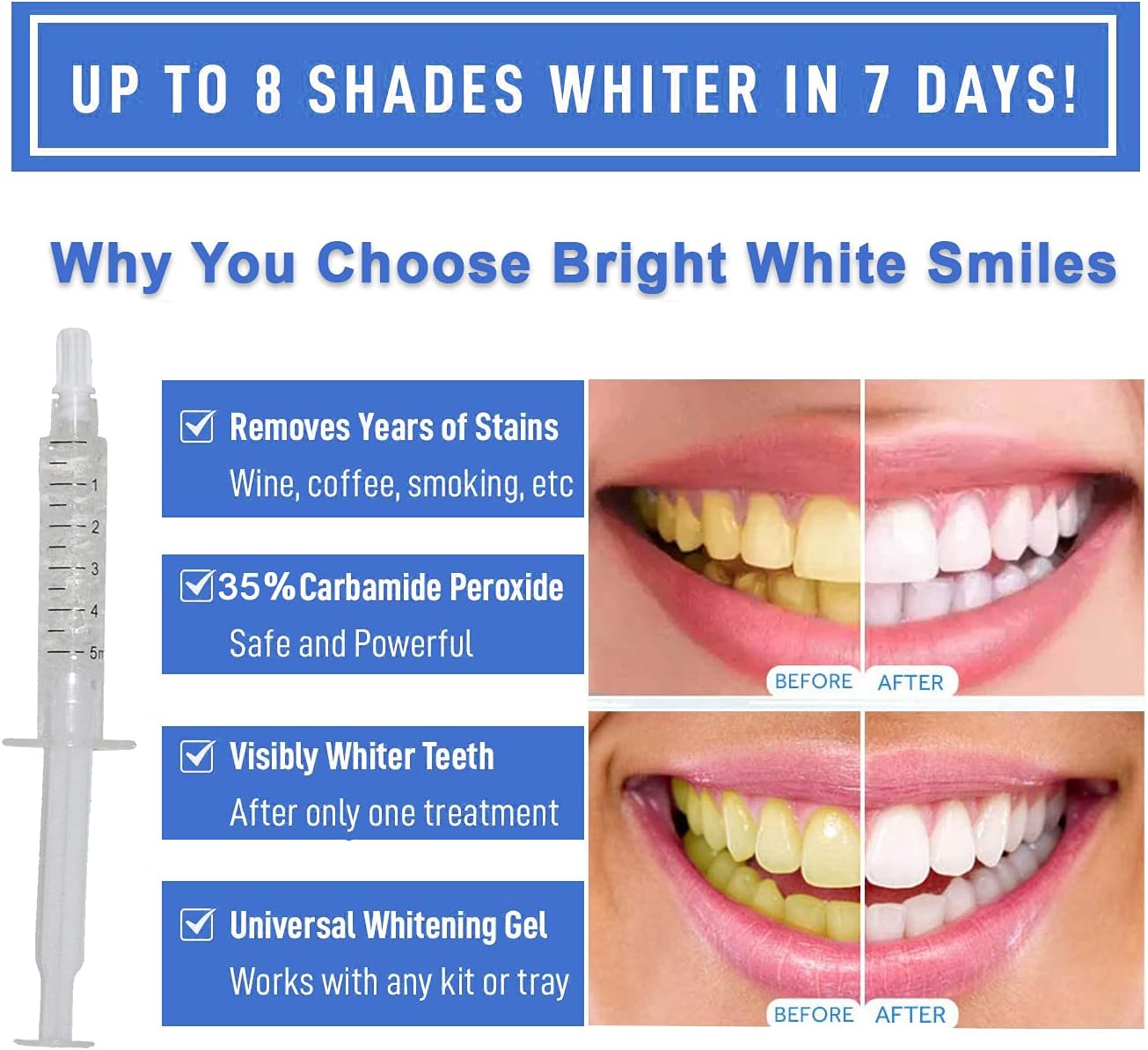 Bright White Smile 35% Teeth Whitening Gel Refills 10 Pack Bleaching Gel, No Sensitive Teeth Whitener, Great for Sensitive Tooth Whitening, Works with Teeth Whitening LED Light and Trays (10 X 5ML)