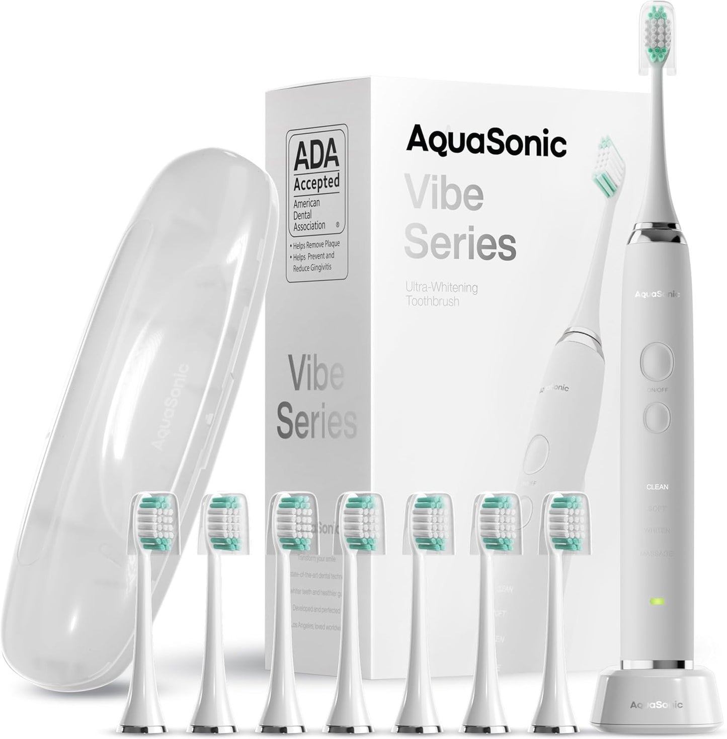 Aquasonic Vibe Series Ultra-Whitening Toothbrush – ADA Accepted Electric Toothbrush - 8 Brush Heads & Travel Case – 40,000 VPM Motor & Wireless Charging - 4 Modes w Smart Timer – Optic White