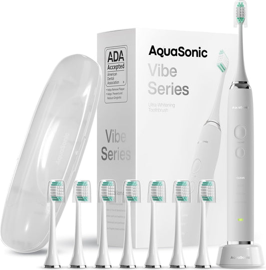 Aquasonic Vibe Series Ultra-Whitening Toothbrush – ADA Accepted Electric Toothbrush - 8 Brush Heads & Travel Case – 40,000 VPM Motor & Wireless Charging - 4 Modes w Smart Timer – Optic White