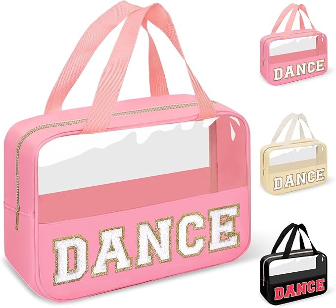 Dance Bag for Girls Chenille Letter Clear Makeup DANCE Stuff Shoe Bag,Toddler Dance Recital Gifts Ballet Cosmetic Zipper with Handle,Dance Competition Accessories Toiletry Storage Women(DANCE-Pink)