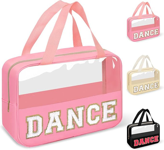 Dance Bag for Girls Chenille Letter Clear Makeup DANCE Stuff Shoe Bag,Toddler Dance Recital Gifts Ballet Cosmetic Zipper with Handle,Dance Competition Accessories Toiletry Storage Women(DANCE-Pink)
