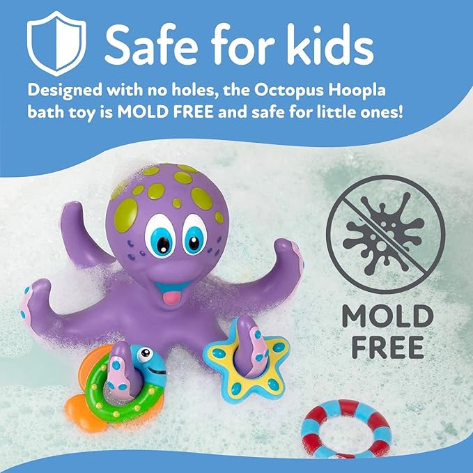 Nuby Floating Octopus with 3 Hoopla Rings - Baby & Toddler Bath Toy - No Hole Design Keeps Moisture Out - Fine Motor Skills - 18+ Months - Great Baby Pool Toys