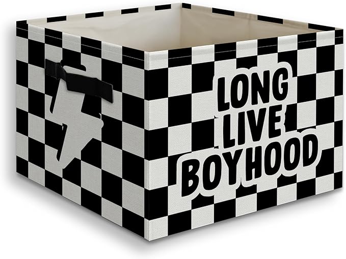Long Live Boyhood Foldable Storage Bins Box with Handles, Black and White Checkered Collapsible Organizer Basket for Kids Boys Bedroom Bathroom Nursery Playroom Clothes Toys Books