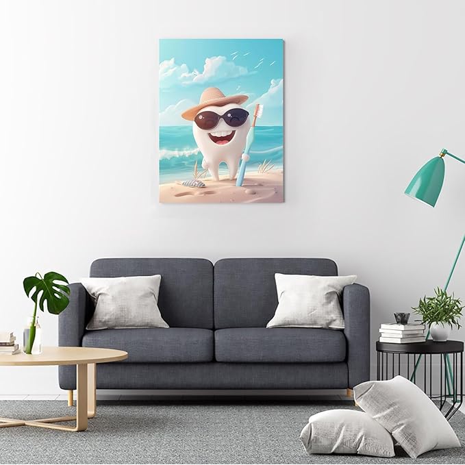 SchindlerBang Dental Clinic Office Decor,Cute Tooth Beach Art Print,Summer-Themed Wall Decor for Dentists,Kids' Rooms,or Offices,Bright and Fun,8x12inch Ready to Hang