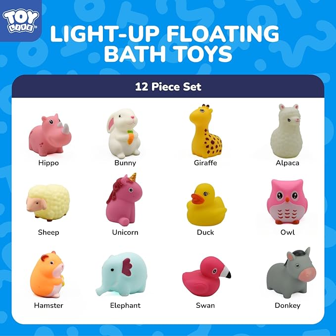TOY Life 12 PC Animals Light Up Bath Toys for Kids, No Hole Glow Bath Toys for Kids Ages 4-8, Baby Toddler Bath-Time Gifts for Easter, Halloween, Christmas, Ideal for Shower, Bathtub, Swimming Pool