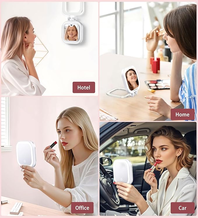 Shinowa Rechargeable Travel Makeup Mirror with 44 LED Lights, 1X/10X Magnifying Vanity Mirror with 3 Color Light, Folding Stand, 4 Inch Portable Dimmable Double Sided Compact Lighted Mirror, White