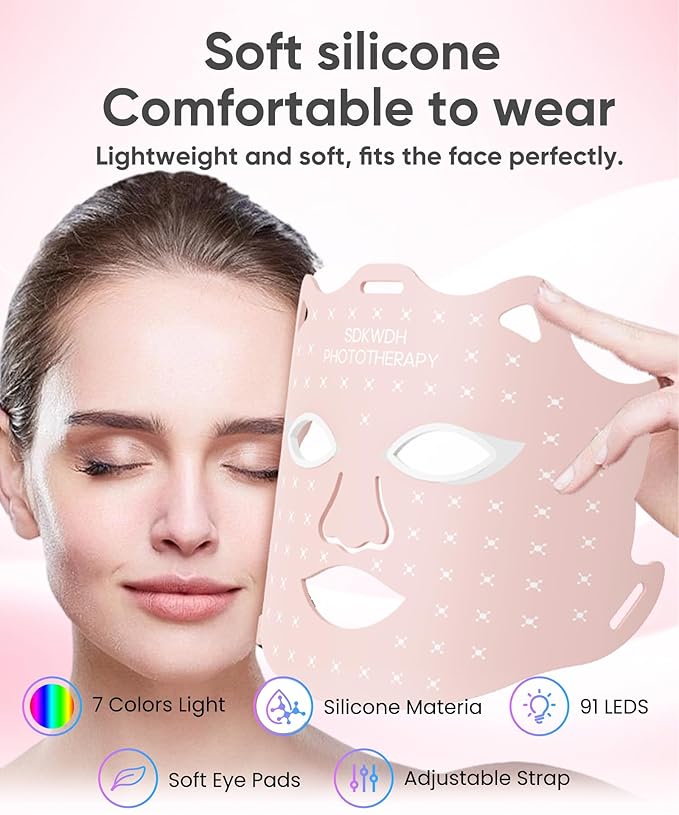 LED Light Therapy Mask, Red Light Therapy for Face - Red Light for Anti-Aging & Wrinkles, Blue for Acne, IR for Deep Repair, At-Home Device, FDA Cleared, Portable & Rechargeable, Pink
