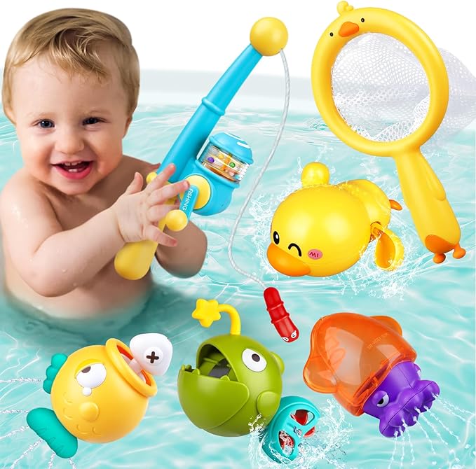 Baby Bath Toys for Kids Ages 1-3, Magnetic Fishing Games with Floating Bathtub Wind-Up Toys & Fishing Net, Fishing Rod Water Pool Toys for Toddlers 1-3