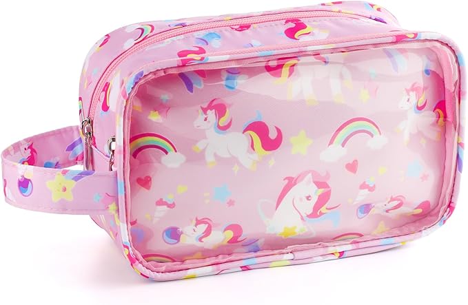 Kids Toiletry Bag for Girls, Travel Clear Toiletry Bag for Little Young Girls Cosmetic Bag Makeup Bag Waterproof Hanging Toddler Wash Bag, Pink Unicorn