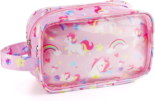 Kids Toiletry Bag for Girls, Travel Clear Toiletry Bag for Little Young Girls Cosmetic Bag Makeup Bag Waterproof Hanging Toddler Wash Bag, Pink Unicorn