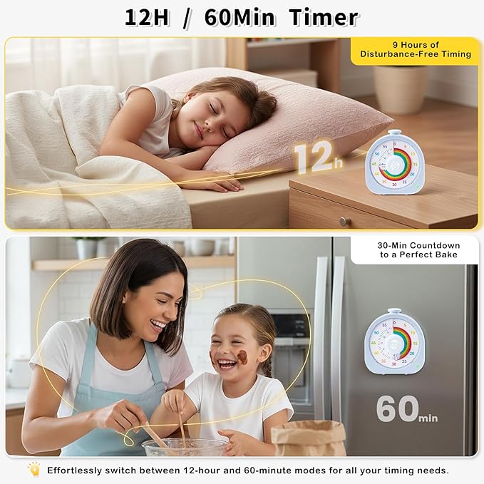 Visual Timer for Kids, Rechargeable Timer for Classroom Office Kitchen with 'Rainbow' Pattern Design, 60min/12h Silent Countdown Timers, Pomodoro Timers Management Tool for Toddler ADHD