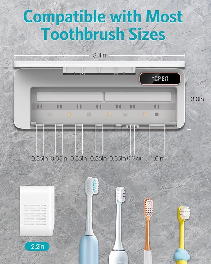 UV Toothbrush Cleaner Holder, Temracha Toothbrush Holders for Bathrooms, 5+1+1 Slots Tooth Brush Shaver Cleaner and Holder, Rechargeable Cordless Wall Mounted with Heating Functions, No Drilling