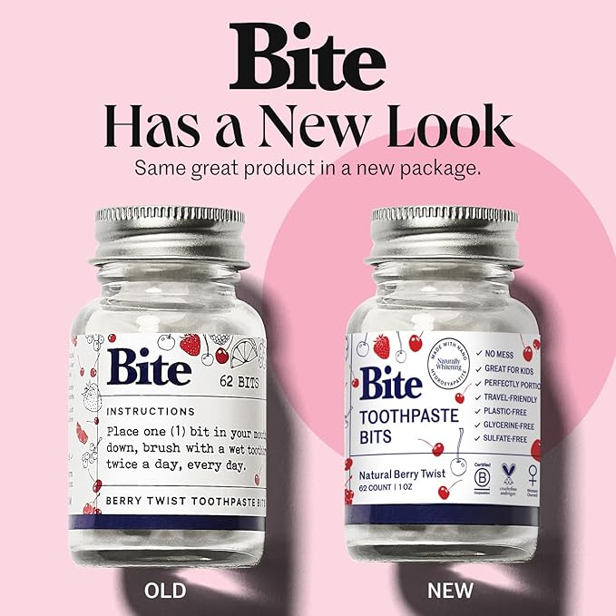 Bite Whitening Toothpaste Tablets – Nano Hydroxyapatite & Xylitol (Berry Twist) | Sensitive Teeth & Kid-Friendly | No Fluoride, Vegan, Cruelty-Free | Travel-Size | 2 Bottles (124 Bits) | Made in USA