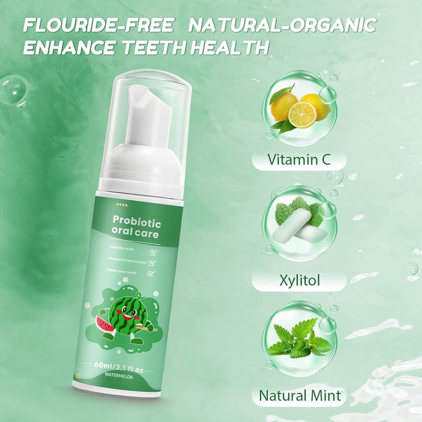 Kids Foam Fluoride Free Toothpaste with Watermelon and Orange Mint Flavor, Toddler Natural Teeth Deep Cleaning Toothpaste for U Shaped Toothbrush