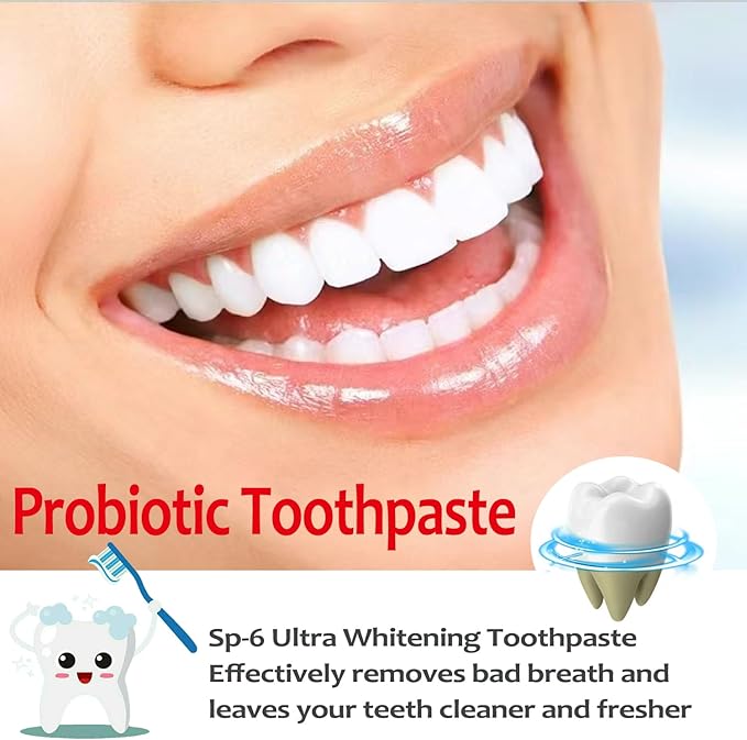 SP-6 Probiotics Whitening Toothpaste, 2 PCS 6 Probiotics Enhanced Formula Brightening Toothpastes for Teeth Whitening and Gum Health, Fluoride-Free, Fresh Breath with Mint Flavor (2 PCS)