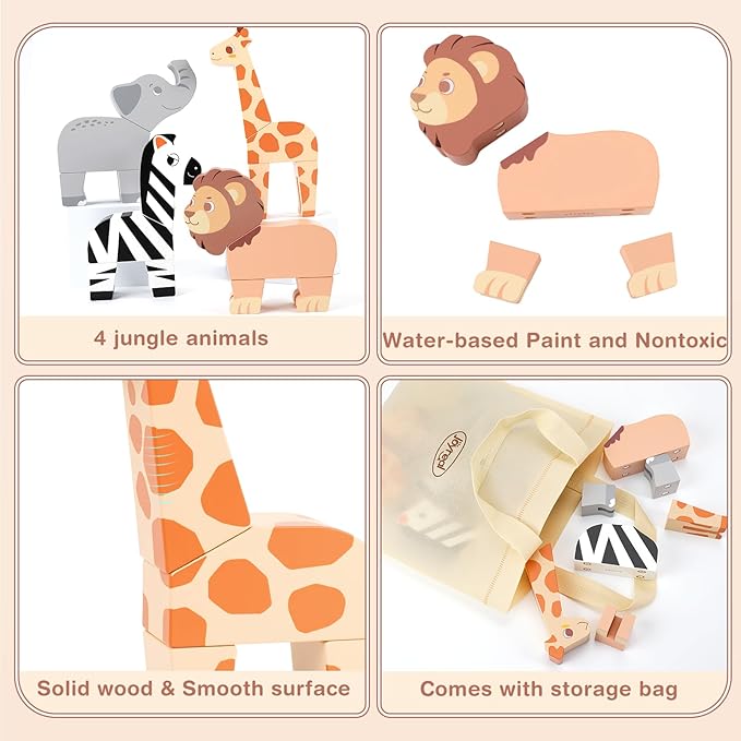 Joyreal Magnetic Mix or Match Jungle Animals Toy Play Set, 16 Pcs Mix and Match Connectable Wooden Building Blocks Play Set Toy for Fine Motor Montessori Game Preschool Educational Gift for Ages 1-5